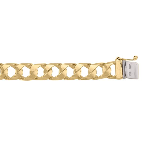 Yellow gold solid link bracelet, available in 10k, 14k, and 18k, featuring 9mm width and 8.5" length, secured by a sturdy clasp.