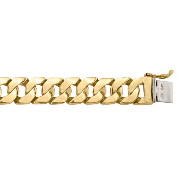 Yellow gold solid link bracelet, available in 10k, 14k, and 18k, with 11.5mm width and 8.5" length, featuring a secure clasp.