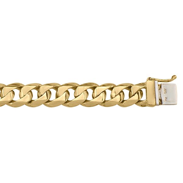 Yellow gold solid link bracelet with 10.5mm width, 8.5" length, available in 10k and 18k, featuring a secure clasp.