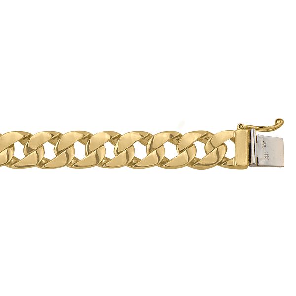 Yellow gold solid link bracelet with 10mm width, 8.5" length, available in 10k, 14k, and 18k, featuring a secure clasp for durability.