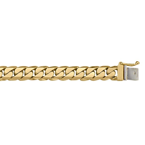 Yellow gold solid link bracelet with 7.5mm width and 8.5" length, available in 14k and 18k gold, featuring a secure clasp.