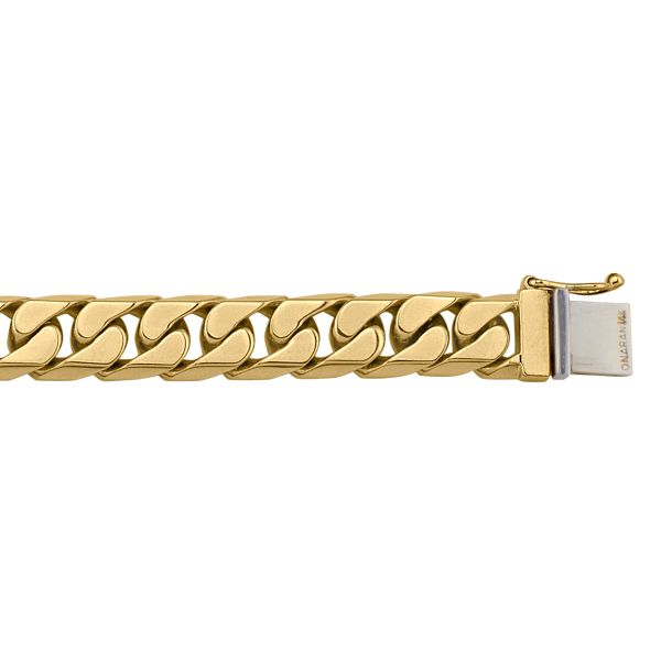 Yellow gold solid link bracelet, available in 10k, 14k, and 18k, with 9.3mm width and 8.5" length, featuring a secure clasp.