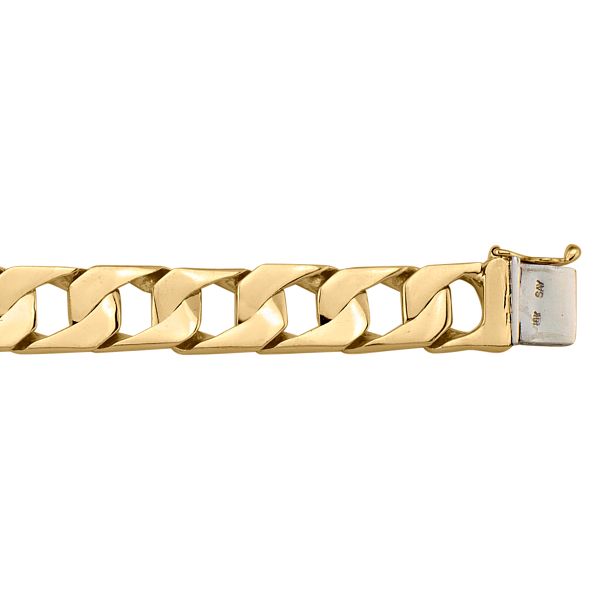 Yellow gold solid link bracelet with 11mm width and 8.5" length, available in 10k, 14k, and 18k, featuring a secure clasp.