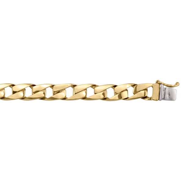 Yellow gold solid link bracelet with 7mm wide Cuban-style links and 8.5" length, featuring a polished finish and secure clasp.