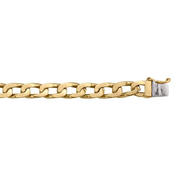 Yellow gold solid link bracelet with 6.9mm wide links and an 8.5" length, featuring a polished finish and secure clasp.