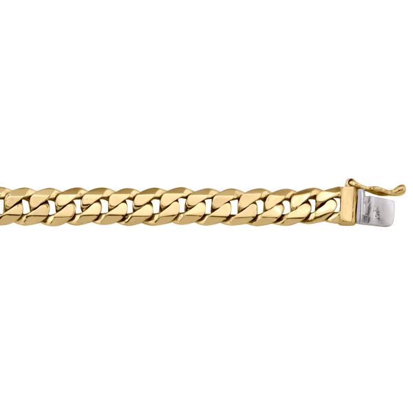 Yellow gold solid link bracelet, 7.3mm wide, 8.5" long, with polished links and a secure clasp.