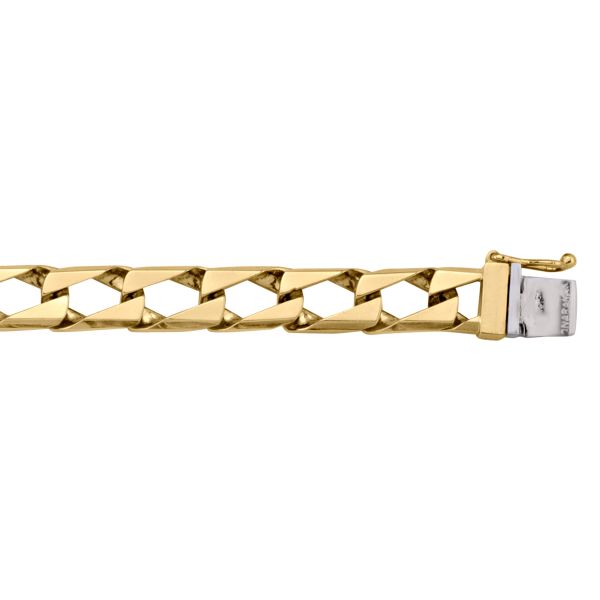 Yellow gold solid link bracelet, 8.3mm wide, 8.5" long, featuring polished links and a sturdy clasp for a secure fit.