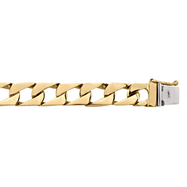 Yellow gold solid link bracelet, 9.2mm wide, 8.5" long with polished links and a secure clasp for a bold look.