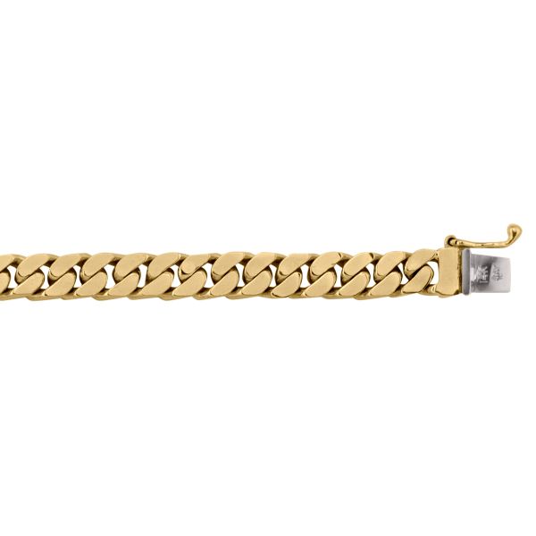 Yellow gold solid link bracelet, 6.6mm wide, 8.5" long with polished links and a secure clasp for a sophisticated look.