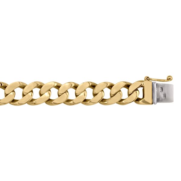 Yellow gold solid link bracelet, 9.9mm wide, 8.5" long, with polished links and a secure clasp for a bold and refined look.