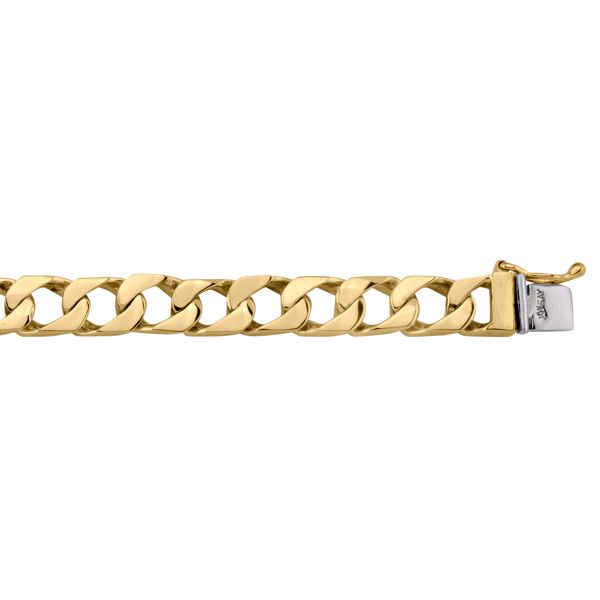 Yellow gold solid link bracelet, 7.5mm wide, 8.5" long, with polished links and a secure clasp for a versatile, refined look.