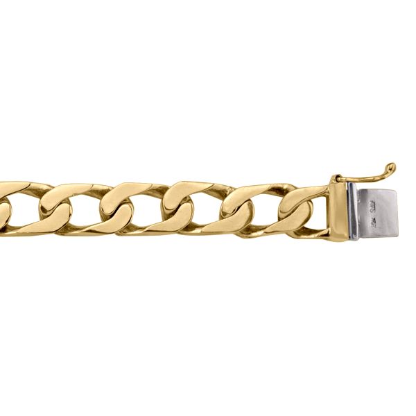 Yellow gold solid link bracelet, 9.8mm wide with secure clasp, 8.5-inch length.