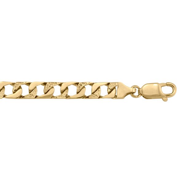 Yellow gold solid link bracelet with textured links, 7.1mm width, and 8.5" length, featuring a lobster clasp.