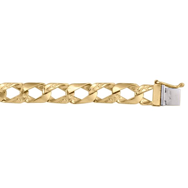 Yellow gold solid link bracelet, 8.3mm wide with diamond-cut textured links and a secure clasp, 8.5-inch length.