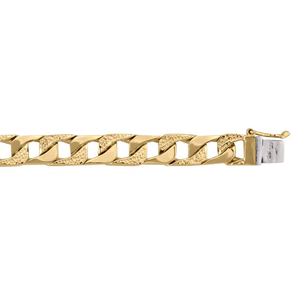 Yellow gold solid link bracelet with 8.1mm wide textured and polished links, secure clasp, and 8.5" length.