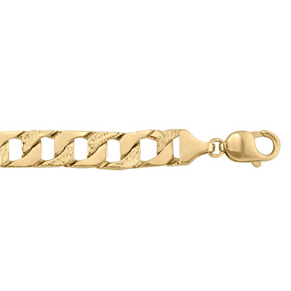 10K yellow gold solid link bracelet with 8.28mm width, textured design, and lobster clasp.