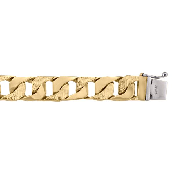 Yellow gold solid link bracelet with 10.9mm wide polished and textured links, 8.5" length, and a secure clasp.