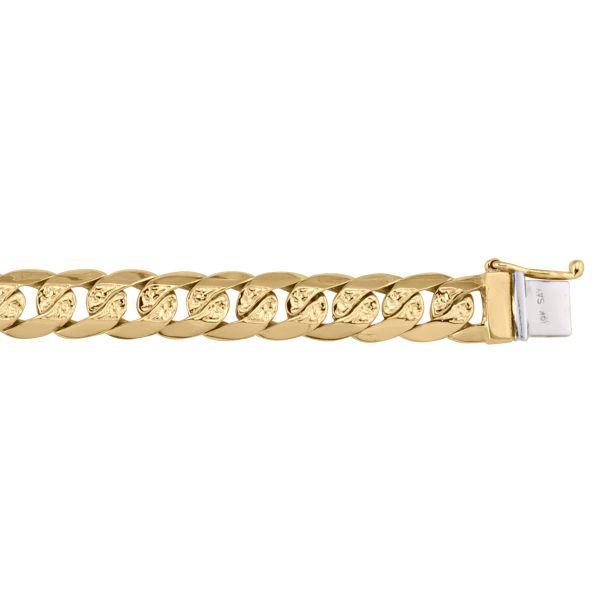 Yellow gold solid link bracelet with 8.8mm wide polished and textured links, 8.5" length, featuring a secure clasp.
