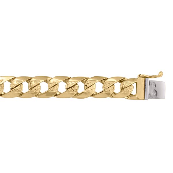 Yellow gold solid link bracelet with 9.8mm wide polished and textured links, 8.5" length, featuring a secure clasp.