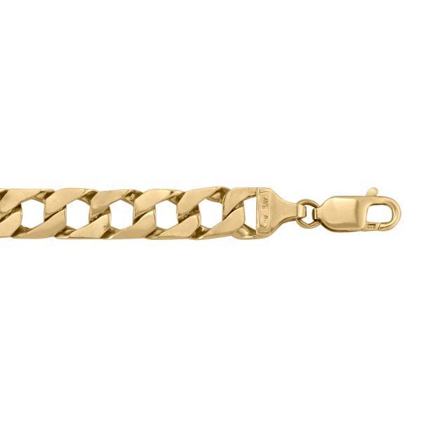 Yellow gold solid link bracelet with 9mm wide polished links, 8.5" length, featuring a secure lobster clasp.