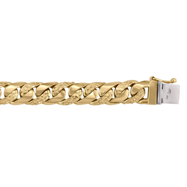 Yellow gold solid link bracelet with 9.5mm wide textured and polished links, 8.5" long, featuring a secure clasp.