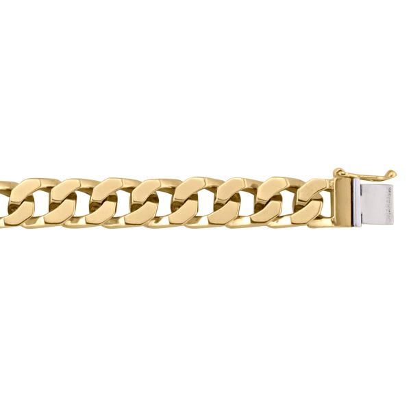 Yellow gold solid link bracelet, 9.1mm wide, 8.5" length, polished finish, and approximate weight of 45g, with secure clasp.