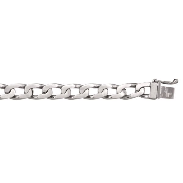 White gold solid link bracelet with a polished curb chain design and box clasp, 6.8 mm wide, available in 10K/14K/18K.