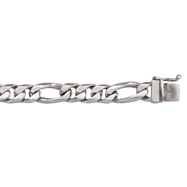 White gold solid link bracelet, 8mm wide, 8.5" length, with secure clasp. Available in 10k, 14k, and 18k gold options.