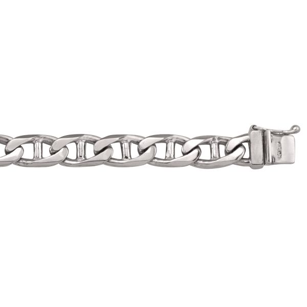 White gold solid link bracelet, available in 10k, 14k, and 18k, with 8.2mm width and 8.5" length.