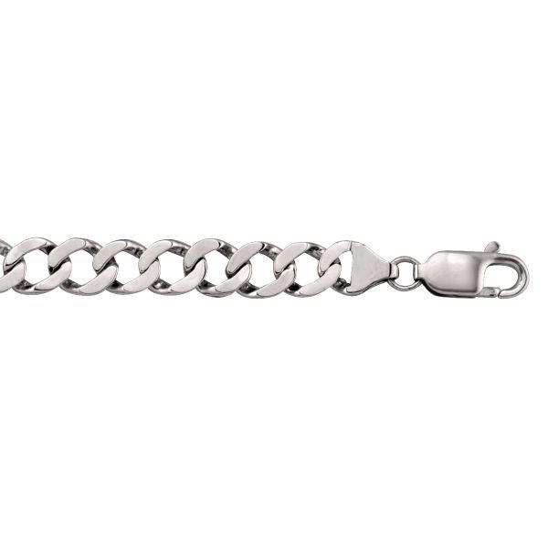 White gold solid link bracelet with 8mm width and 8.5" length, available in 10k, 14k, and 18k gold, featuring a lobster clasp.