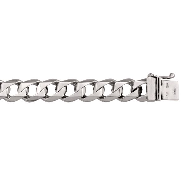 White gold solid link bracelet, available in 10k, 14k, and 18k, with 9.5mm width and 8.5" length, featuring a secure clasp.