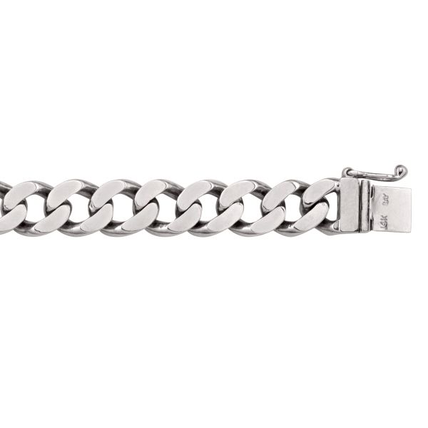 White gold solid link bracelet, available in 10k, 14k, and 18k, with 9.9mm width and 8.5" length, featuring a secure clasp.