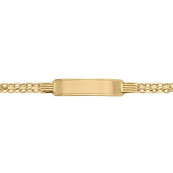 14k yellow gold solid Bismark ID bracelet with 32.5mm x 7.8mm ID plate, 4.5mm width, and 7" length.