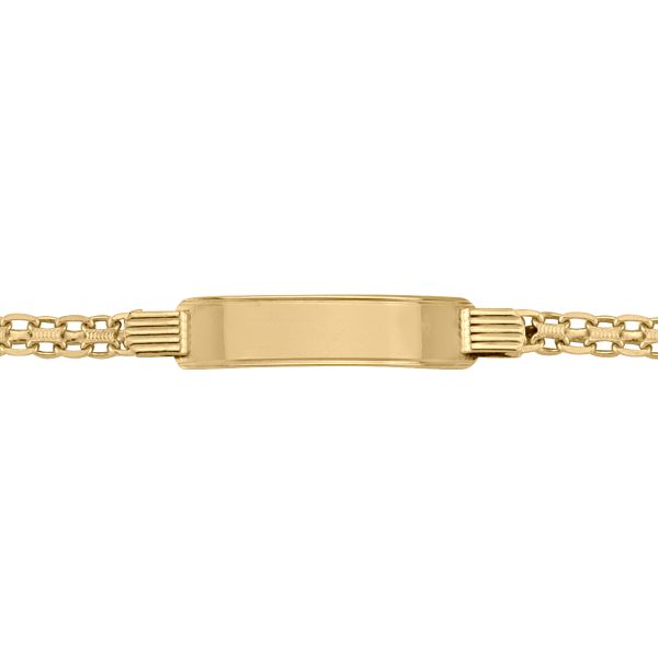 14k yellow gold solid Bismark ID bracelet with 35.4mm x 8.5mm plate, 5mm width, and 8" length, ideal for engraving and personalization.