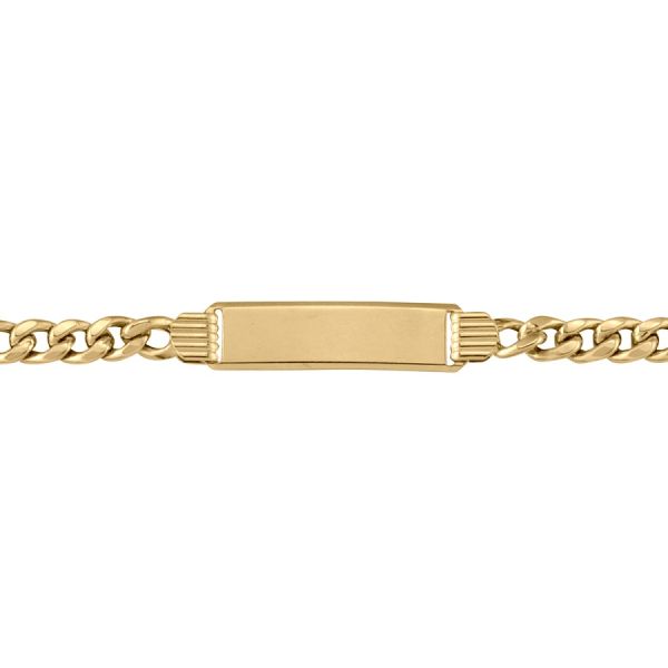 10K yellow gold ID bracelet with a 30mm x 8mm engravable plate, 5.4mm wide chain links, and 8" length.