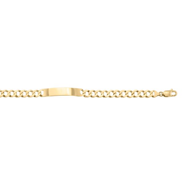 18k yellow gold solid ID link bracelet with 8.5mm width, 8.5" length, and lobster clasp, perfect for engraving.