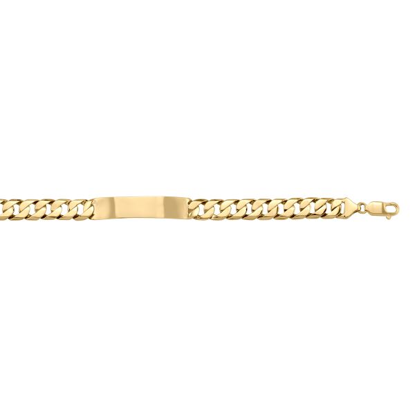 Yellow gold solid ID link bracelet with 10.2mm width, 8.5" length, available in 10k, 14k, and 18k gold, perfect for personalization.