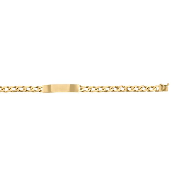 Yellow gold solid ID link bracelet with 8.5mm width and 8.5" length, available in 10k, 14k, and 18k gold, featuring a secure clasp and engravable plate.