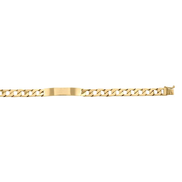 Yellow gold solid ID link bracelet with 8.5mm width and 8.5" length, available in 10k, 14k, and 18k gold, featuring a secure clasp and engravable plate.