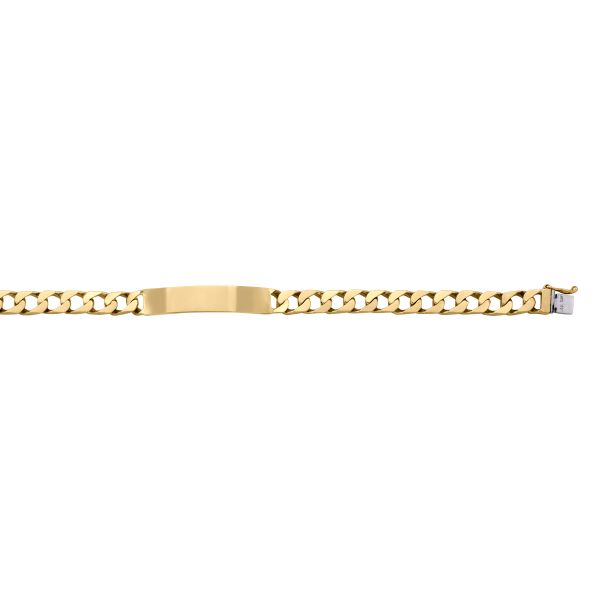 Yellow gold solid ID link bracelet with 9.2mm width and 8.5" length, available in 10k, 14k, and 18k gold, featuring a secure clasp and engravable plate.