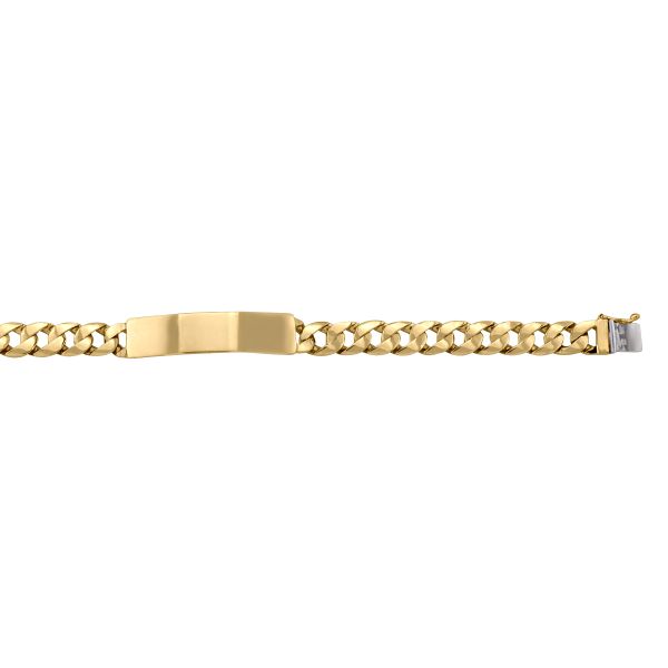 Yellow gold solid ID link bracelet with 11.6mm width and 8.5" length, available in 10k, 14k, and 18k gold, featuring an engravable ID plate.