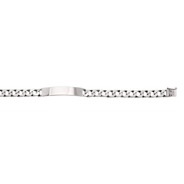 White gold solid ID link bracelet with polished chain and customizable ID plate, 9.2 mm wide, secured by a box clasp.