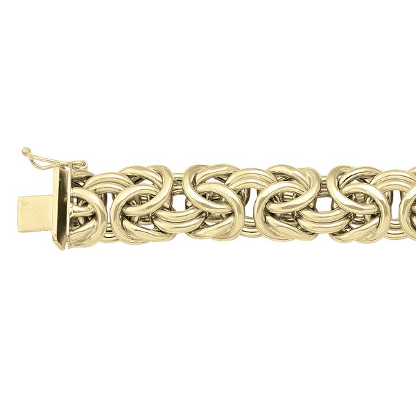 14k yellow gold hollow Byzantine link Necklace, 13.4mm wide, 18" long, with intricate interwoven design and secure clasp.