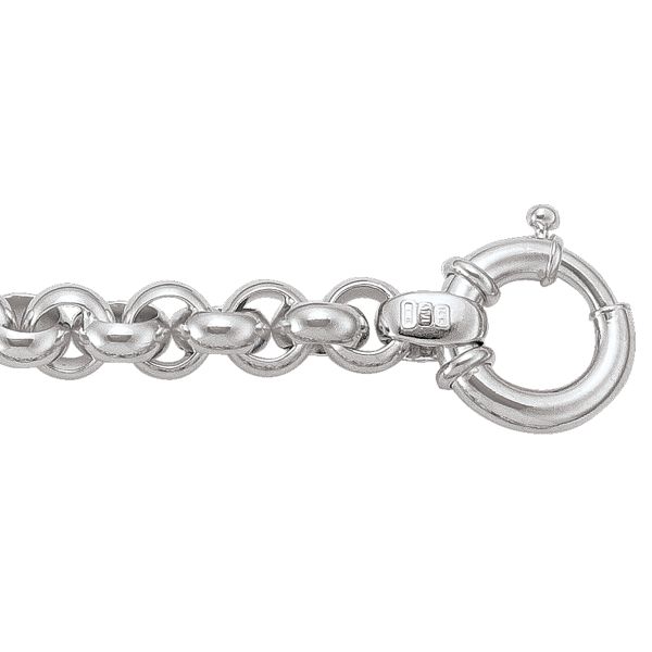 14K white gold hollow rolo bracelet with bold round links and a spring ring clasp, 7.7 mm wide.