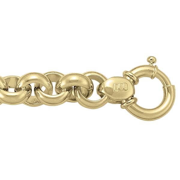 Yellow gold hollow fancy rolo bracelet with 11mm width and 8" length, available in 14k and 18k, featuring rounded links and a secure clasp.