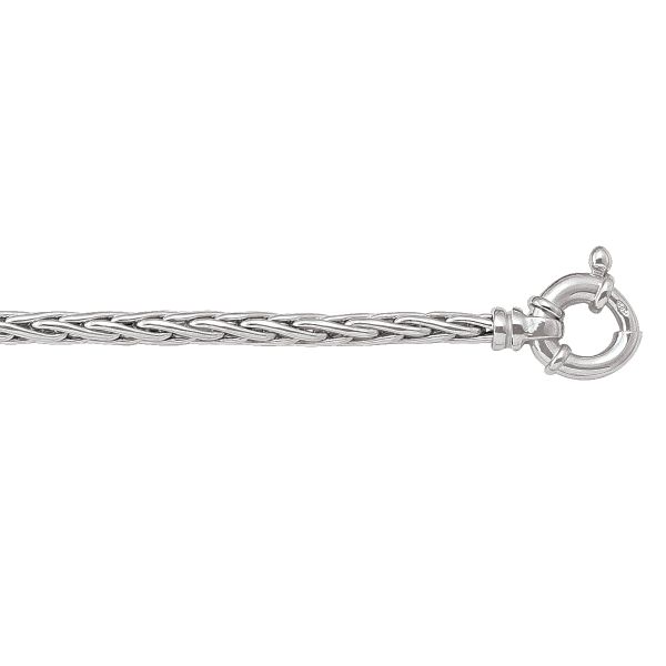 14K white gold hollow wheat link bracelet with a braided chain design and spring ring clasp, 4 mm wide.