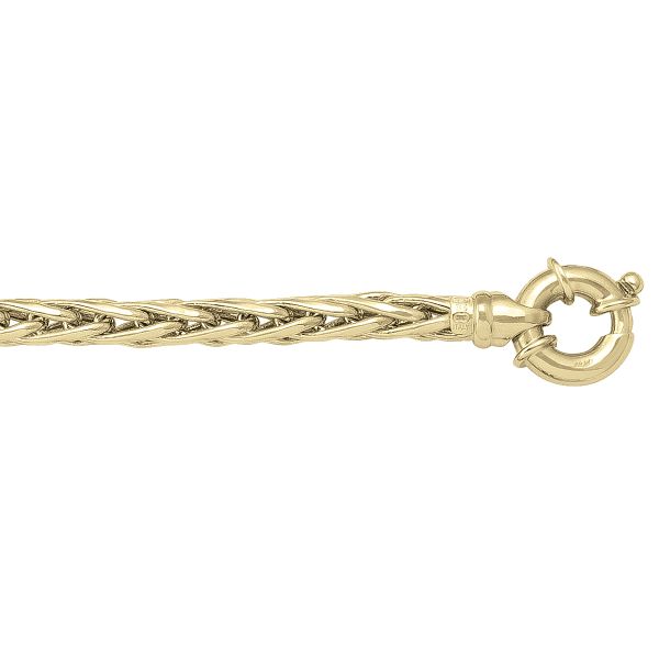 Yellow gold hollow wheat link bracelet with 5mm width and 7.5" length, available in 10k, 14k, and 18k, featuring intricate braided design.