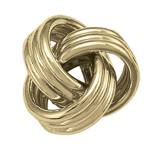 10k yellow gold love knot stud earrings with a polished intertwined design, measuring 8.7mm x 8.7mm, lightweight 1.4g.