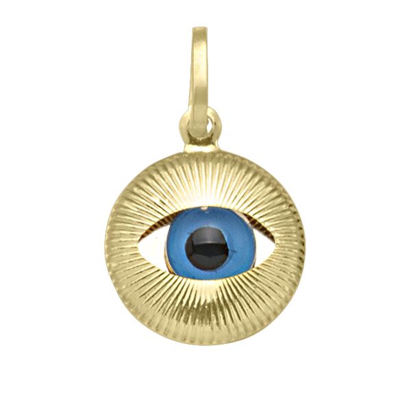 14K yellow gold Evil Eye pendant and charm with blue and black enamel, 13mm size, symbolizing protection and good luck.