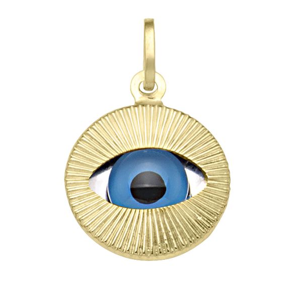 14K yellow gold Evil Eye pendant and charm with blue and black enamel, 16mm size, symbolizing protection and positive energy.